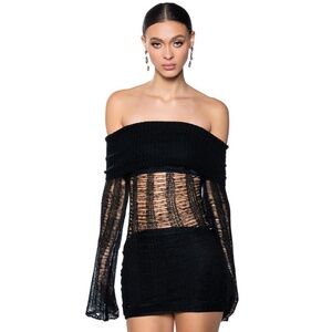 Akira, BARE ALL KNIT MINI DRESS Distressed Elegant Black Sweater, Size L